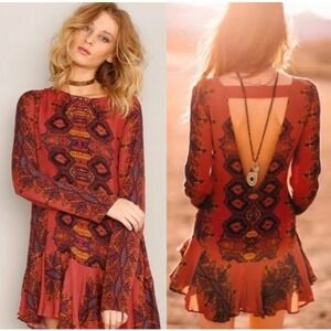 Free People Smooth Talker Dress Womens Medium Long Sleeve Deep V Back Tunic Boho
